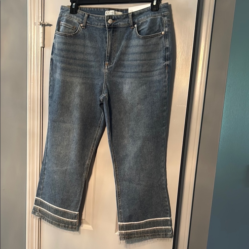 Cato EST 1946 Hi-Rise Straight Blue Jeans with Double Fringed Sparkling Hem NWT